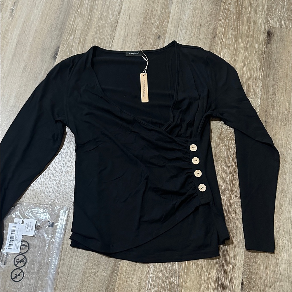 Black Long Sleeve Blouse with Button Detail